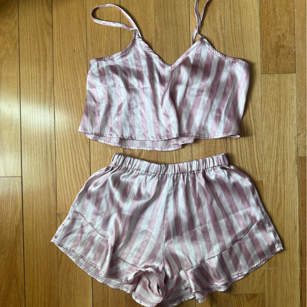 Boohoo Blush and White Satin Two-Piece Set